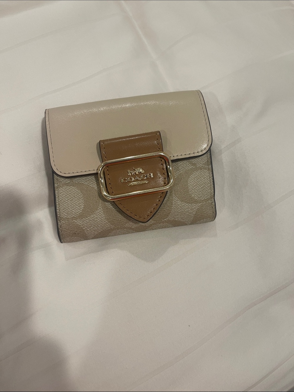 Coach Beige and Tan Signature Canvas Compact Wallet